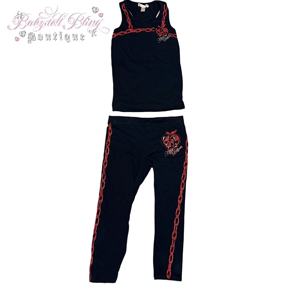 Apple bottoms set 2 piece tank top and capri leggings bottoms black red ⛓️ chain